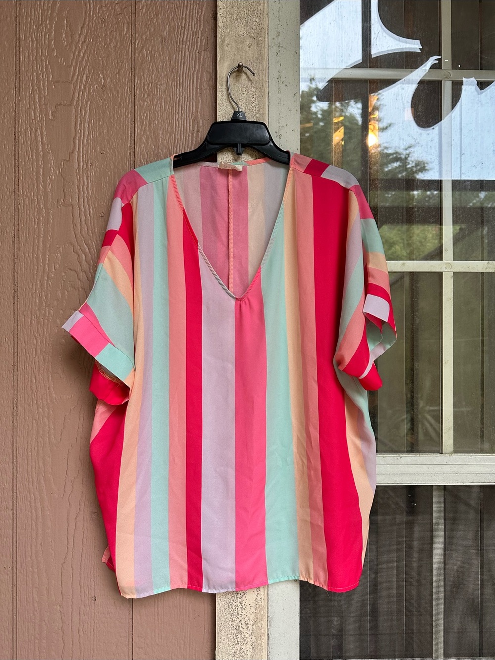 Bibi Colorblock Stripe V-Neck Blouse in Pink, Coral & Mint